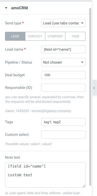 Elementor Pro Form Widget - amoCRM - Integration | Интеграция